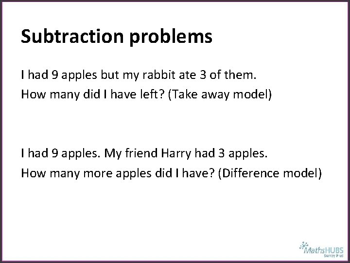 Subtraction problems I had 9 apples but my rabbit ate 3 of them. How