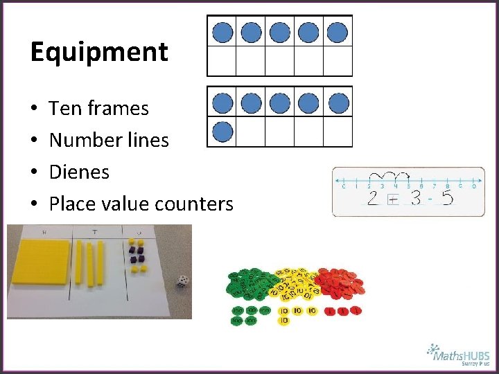 Equipment • • Ten frames Number lines Dienes Place value counters 