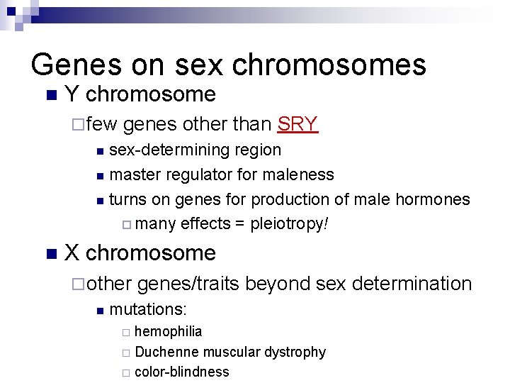 Genes on sex chromosomes n Y chromosome ¨ few genes other than SRY sex-determining