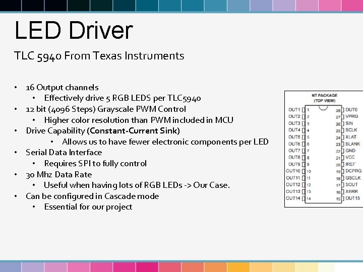 LED Driver TLC 5940 From Texas Instruments • 16 Output channels • Effectively drive