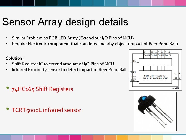 Sensor Array design details • Similar Problem as RGB LED Array (Extend our I/O