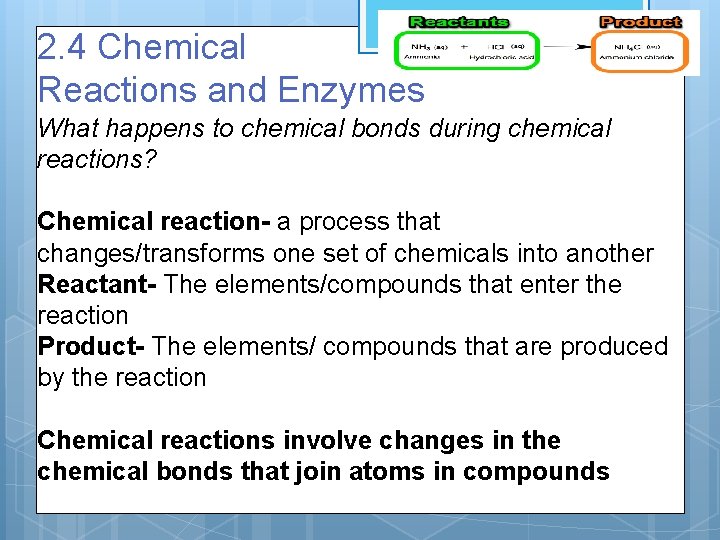 2. 4 Chemical Reactions and Enzymes What happens to chemical bonds during chemical reactions?