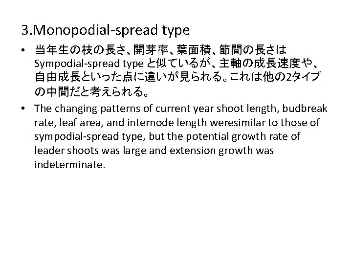 3. Monopodial-spread type • 当年生の枝の長さ、開芽率、葉面積、節間の長さは Sympodial-spread type と似ているが、主軸の成長速度や、 自由成長といった点に違いが見られる。これは他の 2タイプ の中間だと考えられる。 • The changing