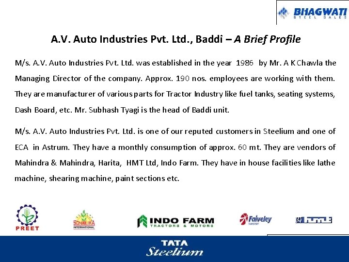 A. V. Auto Industries Pvt. Ltd. , Baddi – A Brief Profile M/s. A.