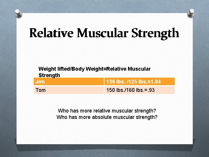 Relative Muscular Strength Weight lifted/Body Weight=Relative Muscular Strength Jim 130 lbs. /125 lbs. =1.