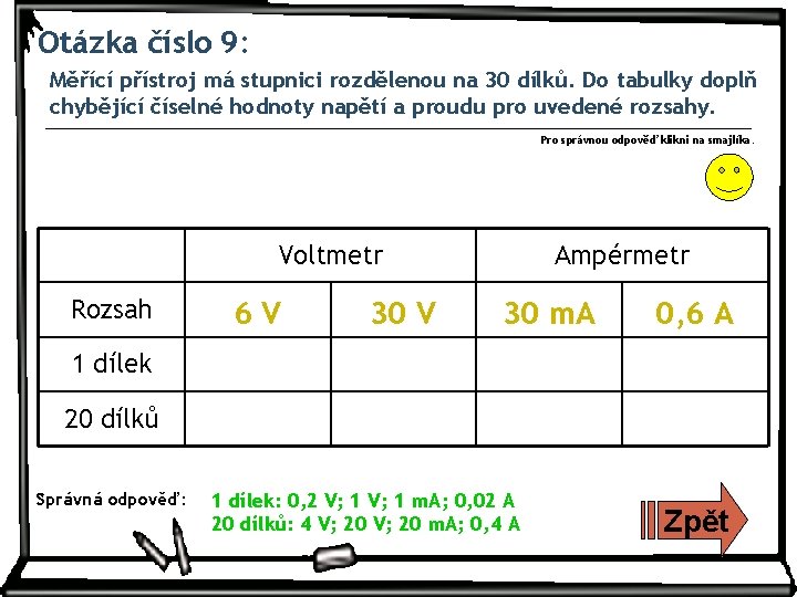 Otázka číslo 9: Měřící přístroj má stupnici rozdělenou na 30 dílků. Do tabulky doplň