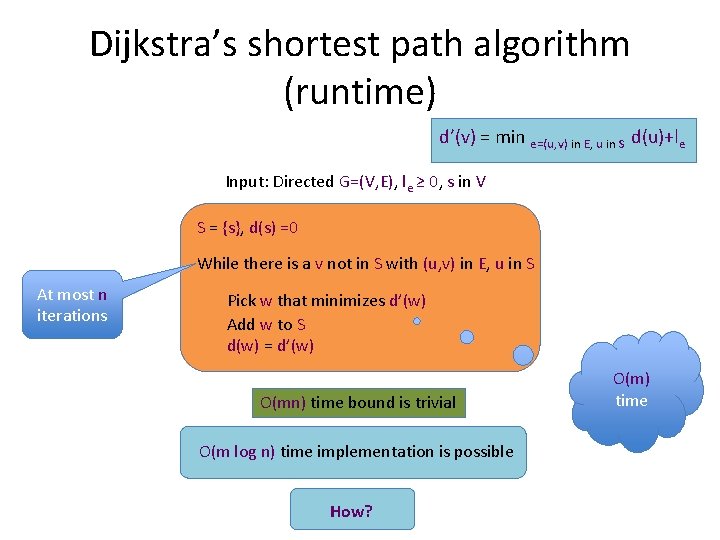 Dijkstra’s shortest path algorithm (runtime) d’(v) = min e=(u, v) in E, u in