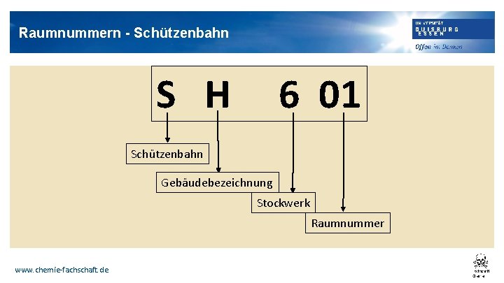 Raumnummern - Schützenbahn S H 6 01 Schützenbahn Gebäudebezeichnung Stockwerk Raumnummer www. chemie-fachschaft. de