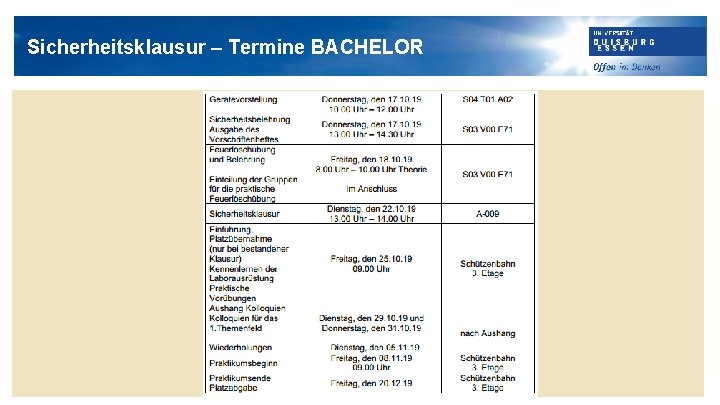 Sicherheitsklausur – Termine BACHELOR 