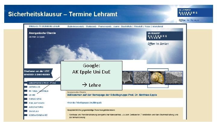 Sicherheitsklausur – Termine Lehramt Google: AK Epple Uni Du. E Lehre 