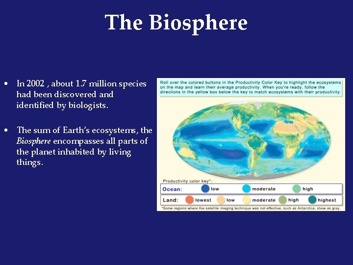 The Biosphere • In 2002 , about 1. 7 million species had been discovered