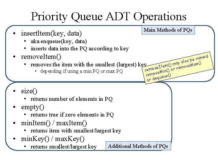 Priority Queue ADT Operations Main Methods of PQs • insert. Item(key, data) • aka