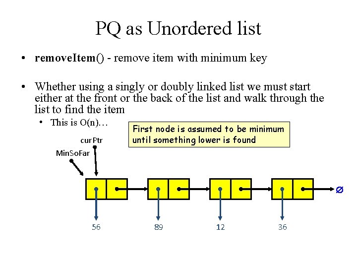 PQ as Unordered list • remove. Item() - remove item with minimum key •