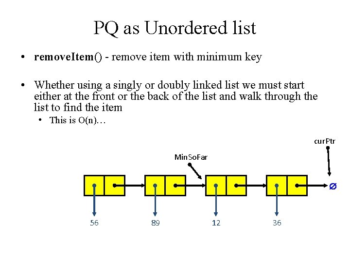 PQ as Unordered list • remove. Item() - remove item with minimum key •