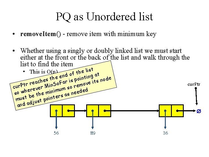 PQ as Unordered list • remove. Item() - remove item with minimum key •