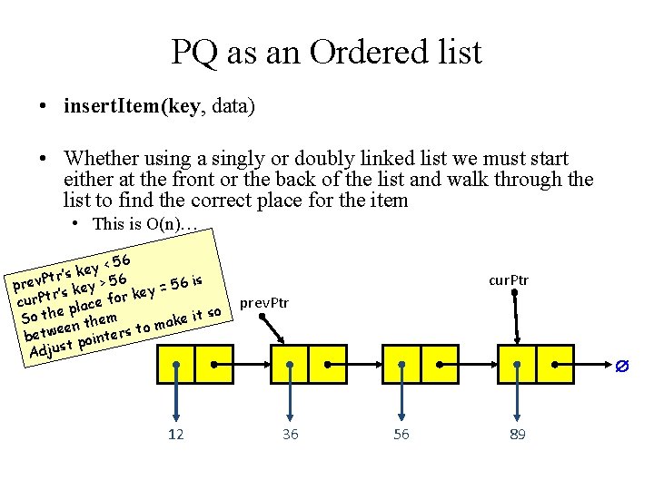 PQ as an Ordered list • insert. Item(key, data) • Whether using a singly