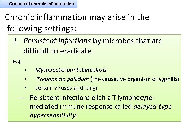 Causes of chronic inflammation Chronic inflammation may arise in the following settings: 1. Persistent