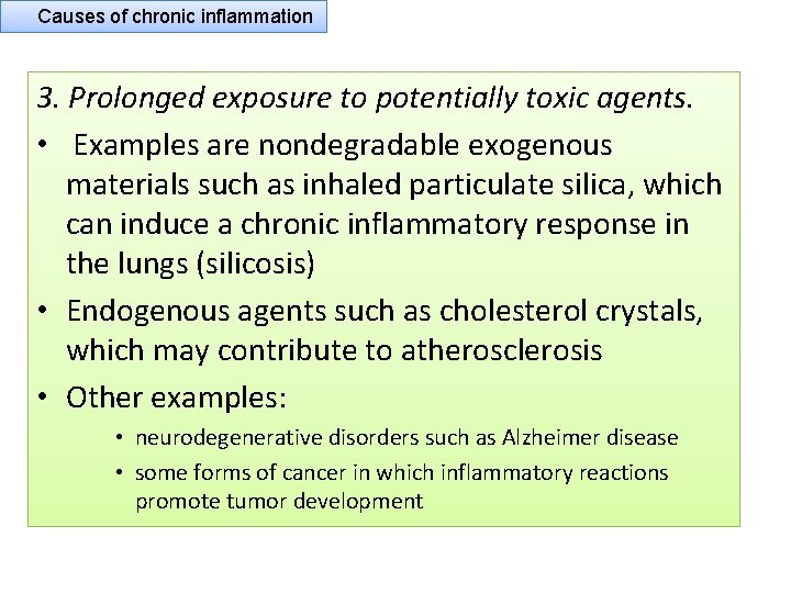 Causes of chronic inflammation 3. Prolonged exposure to potentially toxic agents. • Examples are