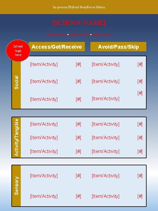 In-person/Hybrid Reinforcer Menu [SCHOOL NAME] [expectation] • [expectation] Social School logo here Access/Get/Receive Avoid/Pass/Skip