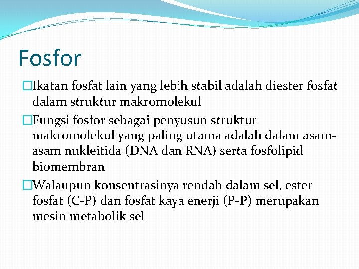 Fosfor �Ikatan fosfat lain yang lebih stabil adalah diester fosfat dalam struktur makromolekul �Fungsi