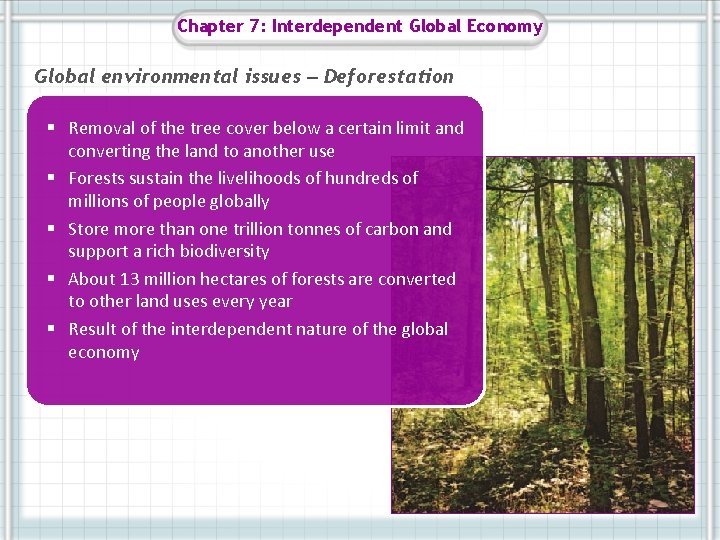 Chapter 7: Interdependent Global Economy Global environmental issues – Deforestation § Removal of the