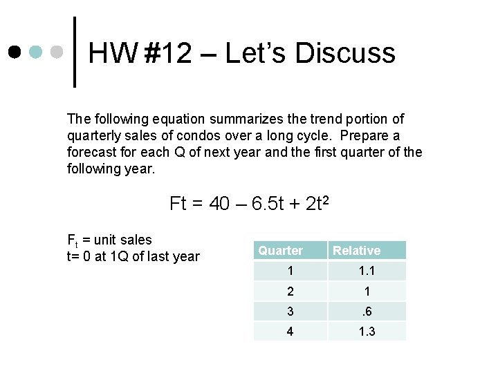 HW #12 – Let’s Discuss The following equation summarizes the trend portion of quarterly