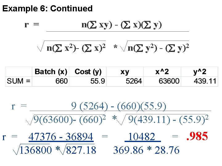 Example 6: Continued r = n( xy) - ( x)( y) n( x 2)-