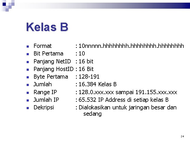 Kelas B Format : 10 nnnnn. hhhhhhhh Bit Pertama : 10 Panjang Net. ID