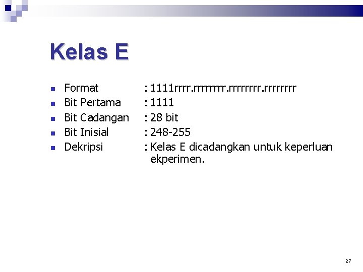 Kelas E Format Bit Pertama Bit Cadangan Bit Inisial Dekripsi : 1111 rrrrrrrr :