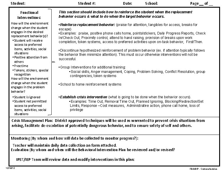 Student: Functional Interventions: How will the environment change when the student engages in the