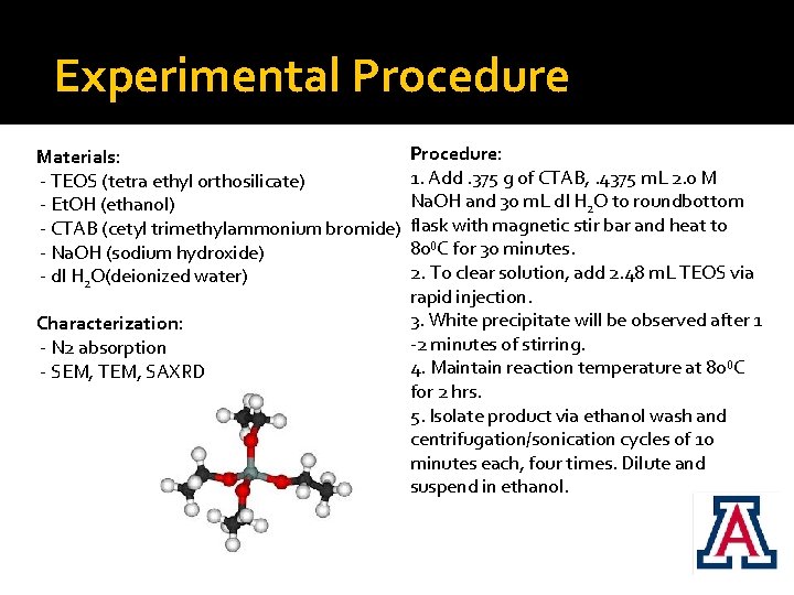 Experimental Procedure Materials: - TEOS (tetra ethyl orthosilicate) - Et. OH (ethanol) - CTAB