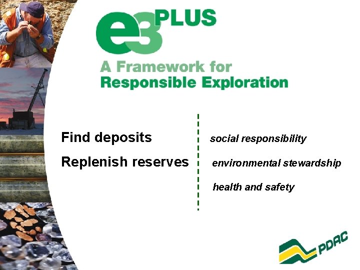 Find deposits social responsibility Replenish reserves environmental stewardship health and safety 