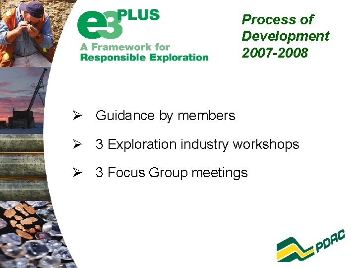 Process of Development 2007 -2008 Ø Guidance by members Ø 3 Exploration industry workshops
