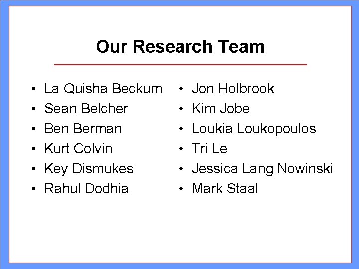 Our Research Team • • • La Quisha Beckum Sean Belcher Ben Berman Kurt