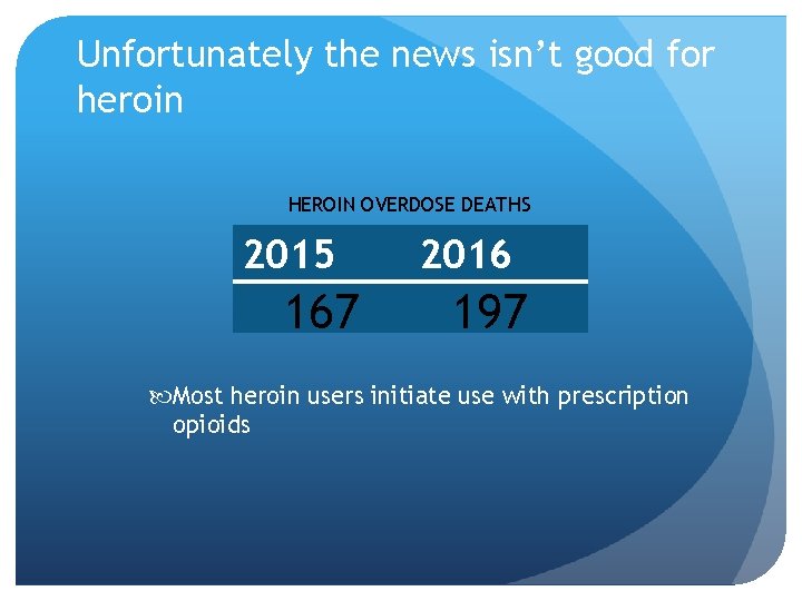 Unfortunately the news isn’t good for heroin HEROIN OVERDOSE DEATHS 2015 167 2016 197