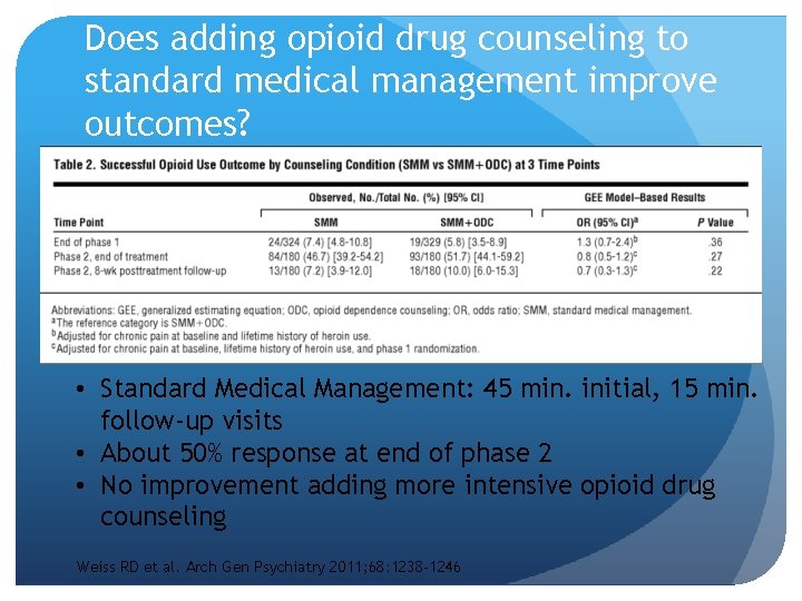 Does adding opioid drug counseling to standard medical management improve outcomes? • Standard Medical