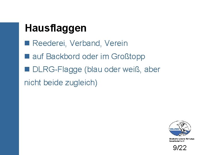 Hausflaggen Reederei, Verband, Verein auf Backbord oder im Großtopp DLRG-Flagge (blau oder weiß, aber