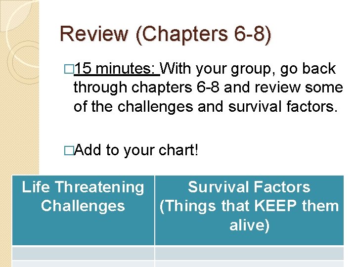 Review (Chapters 6 -8) � 15 minutes: With your group, go back through chapters