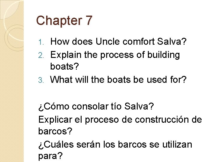 Chapter 7 How does Uncle comfort Salva? 2. Explain the process of building boats?