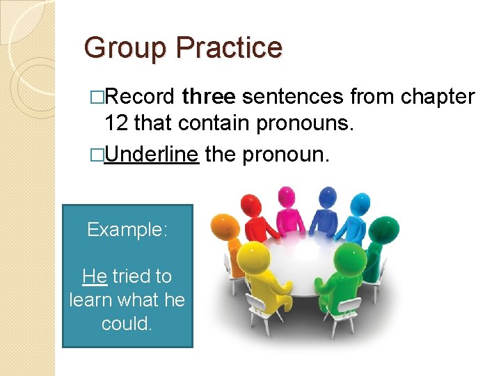 Group Practice �Record three sentences from chapter 12 that contain pronouns. �Underline the pronoun.