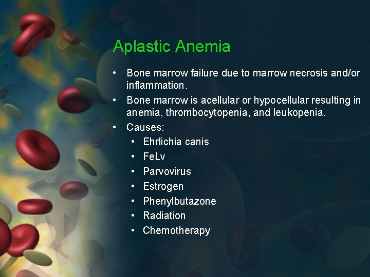 Aplastic Anemia • Bone marrow failure due to marrow necrosis and/or inflammation. • Bone