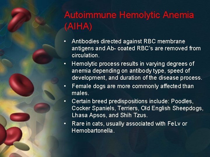Autoimmune Hemolytic Anemia (AIHA) • Antibodies directed against RBC membrane antigens and Ab- coated