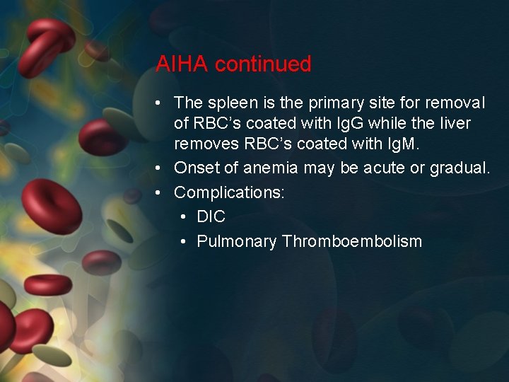 AIHA continued • The spleen is the primary site for removal of RBC’s coated