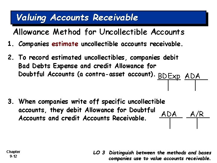 Valuing Accounts Receivable Allowance Method for Uncollectible Accounts 1. Companies estimate uncollectible accounts receivable.