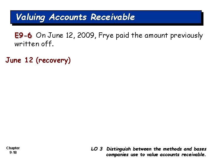 Valuing Accounts Receivable E 9 -6 On June 12, 2009, Frye paid the amount