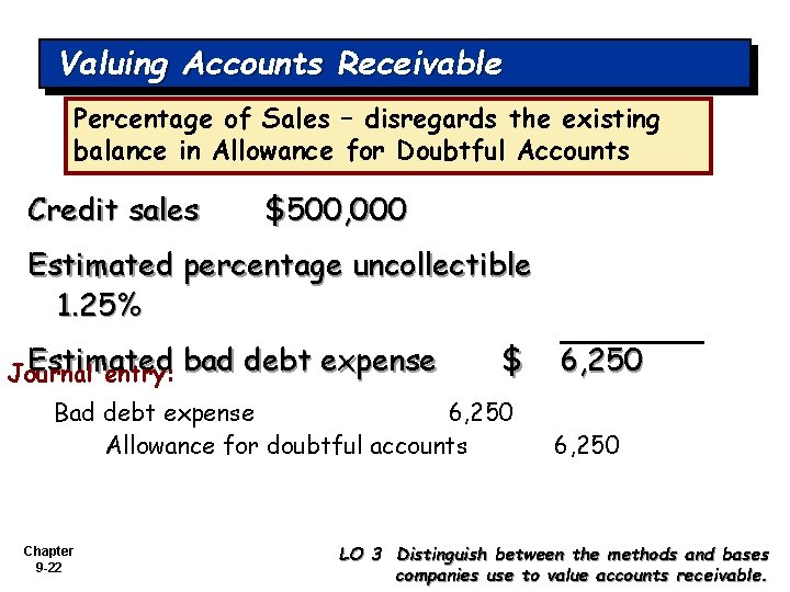 Valuing Accounts Receivable Percentage of Sales – disregards the existing balance in Allowance for
