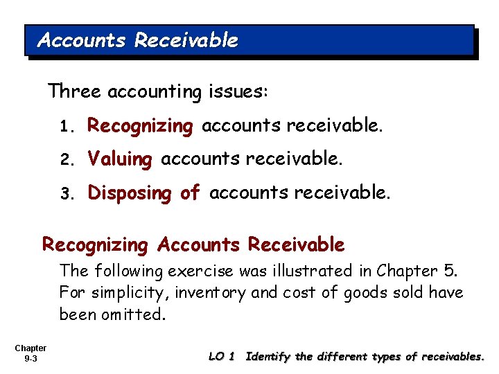 Accounts Receivable Three accounting issues: 1. Recognizing accounts receivable. 2. Valuing accounts receivable. 3.
