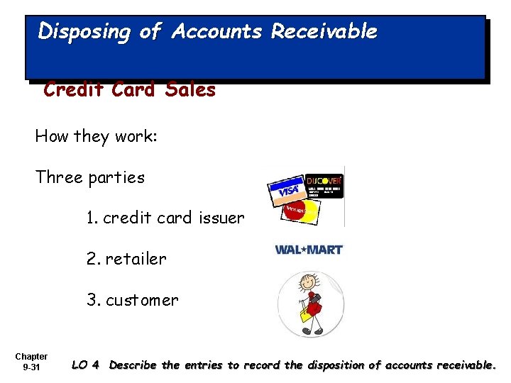 Disposing of Accounts Receivable Credit Card Sales How they work: Three parties 1. credit