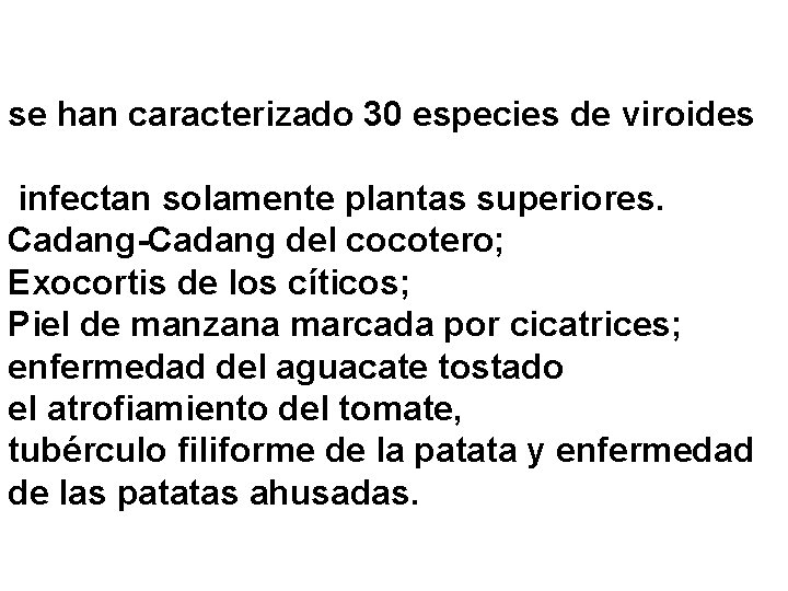 se han caracterizado 30 especies de viroides infectan solamente plantas superiores. Cadang-Cadang del cocotero;