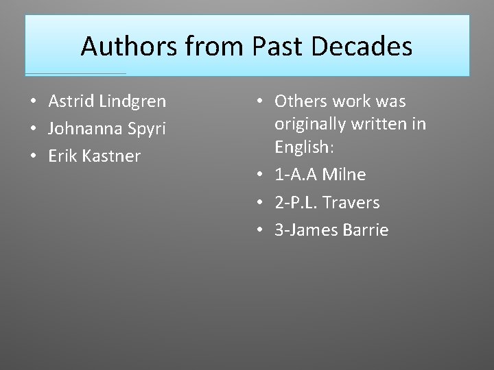 Authors from Past Decades • Astrid Lindgren • Johnanna Spyri • Erik Kastner •